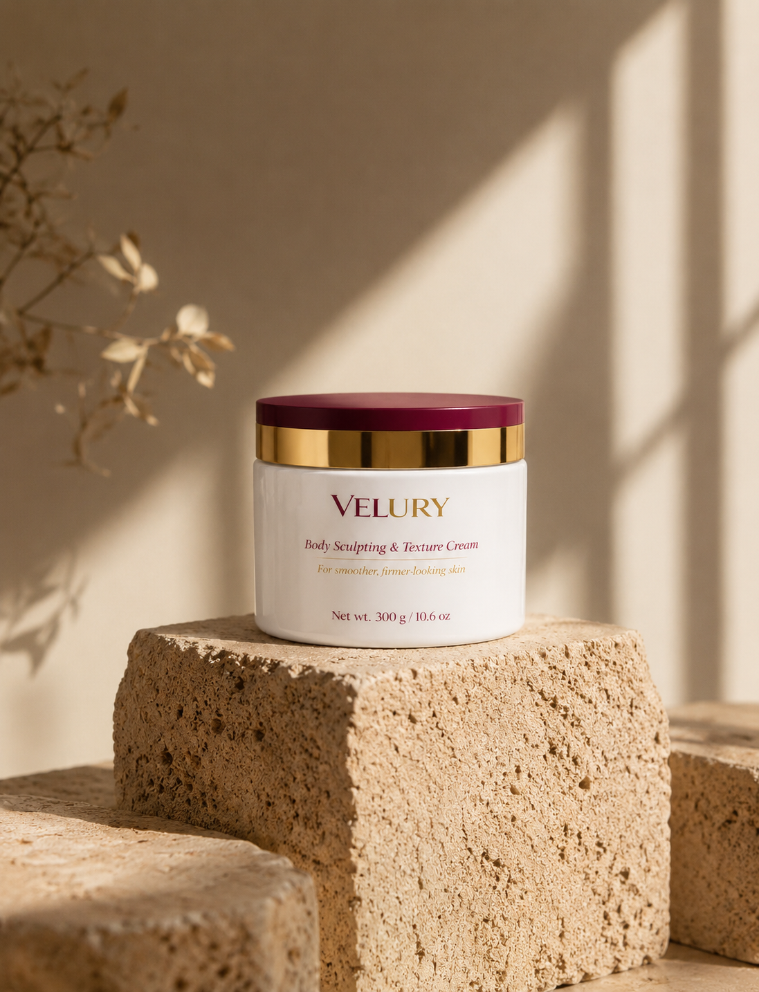 Velury Body Cream jar on marble with flowers and perfume — premium composition